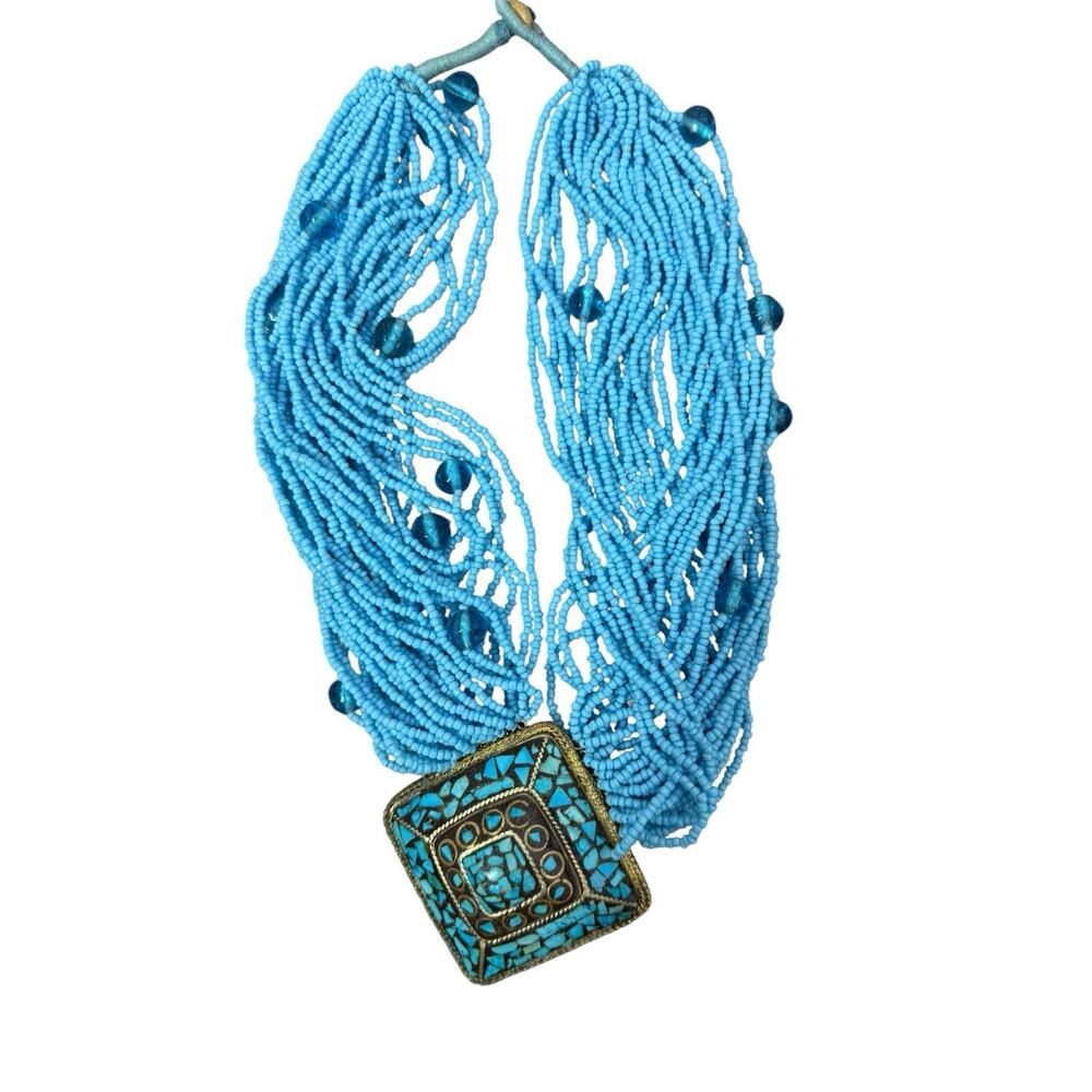 Vintage Tibetan Multi Strand‎ Turquoise Inlaid Necklace beaded statement